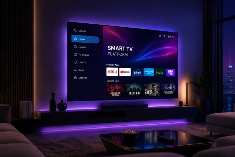 High-end smart TV platform on a 4K UHD television in a modern living room, featuring a clean user interface, immersive home entertainment setup, and next-generation streaming technology.
