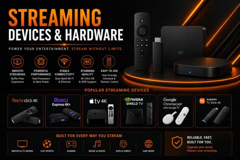 Infographic dyal streaming devices u hardware b7al Fire TV, Roku, Apple TV, Chromecast, u Xiaomi 4K.