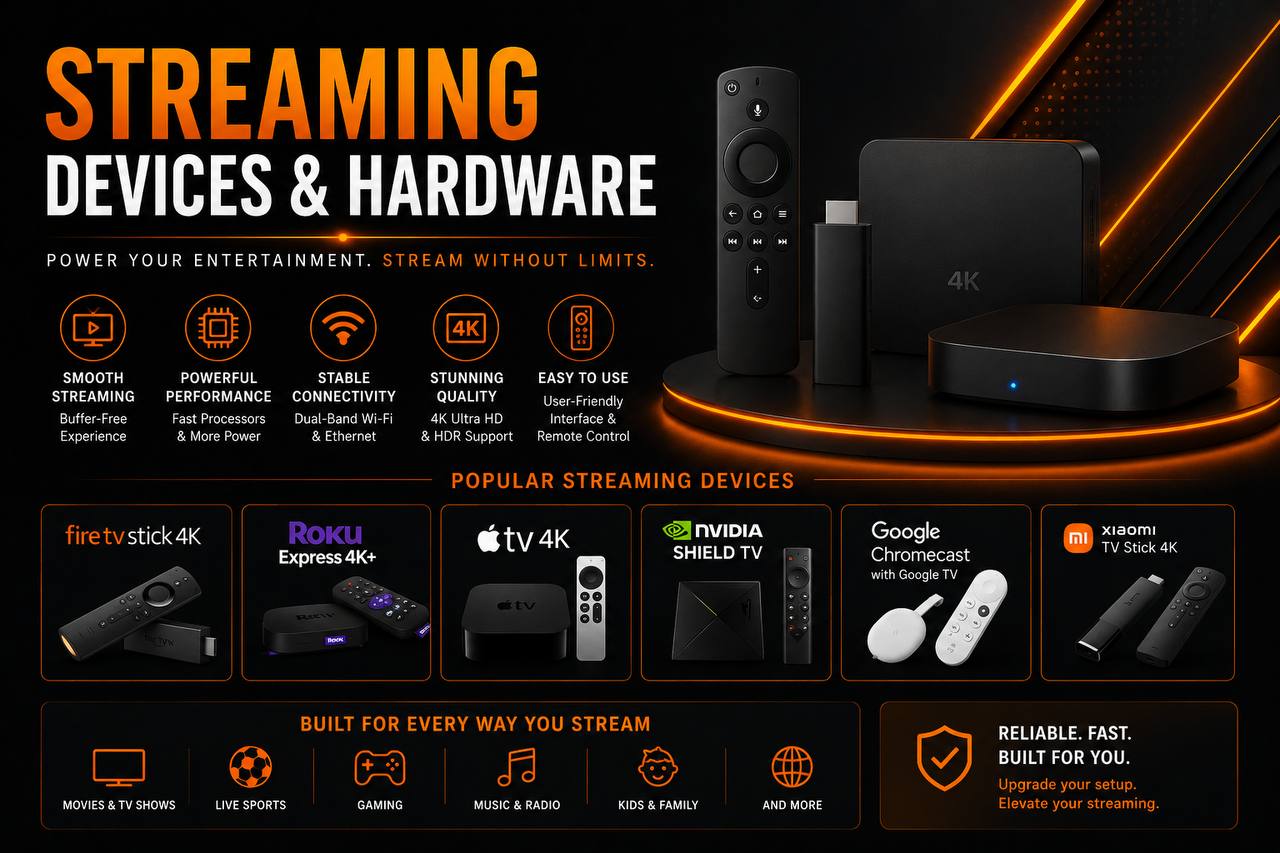 Infographic dyal streaming devices u hardware b7al Fire TV, Roku, Apple TV, Chromecast, u Xiaomi 4K.