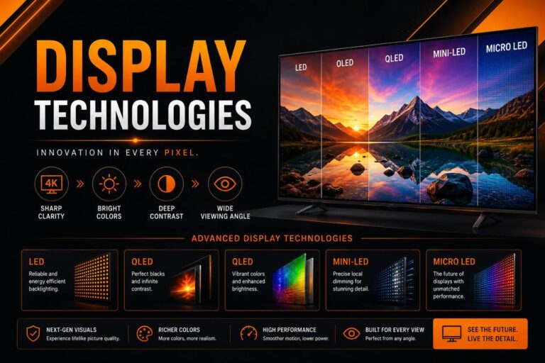 Infographic explaining display technologies including LED, OLED, QLED, Mini-LED, and Micro LED screen panels with their key features like 4K sharpness, bright colors, and deep contrast.