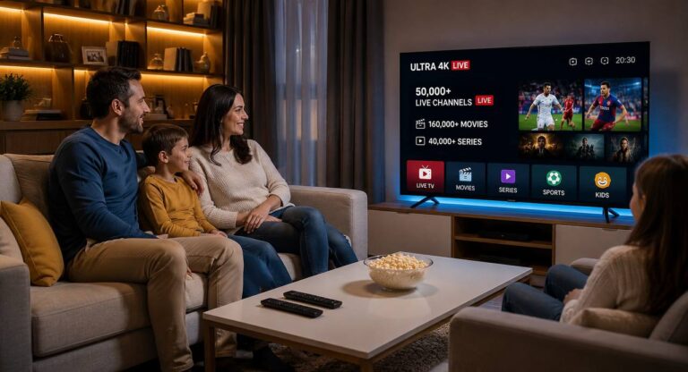 Modern family watching live TV, sports, movies, and streaming entertainment on a smart TV at home