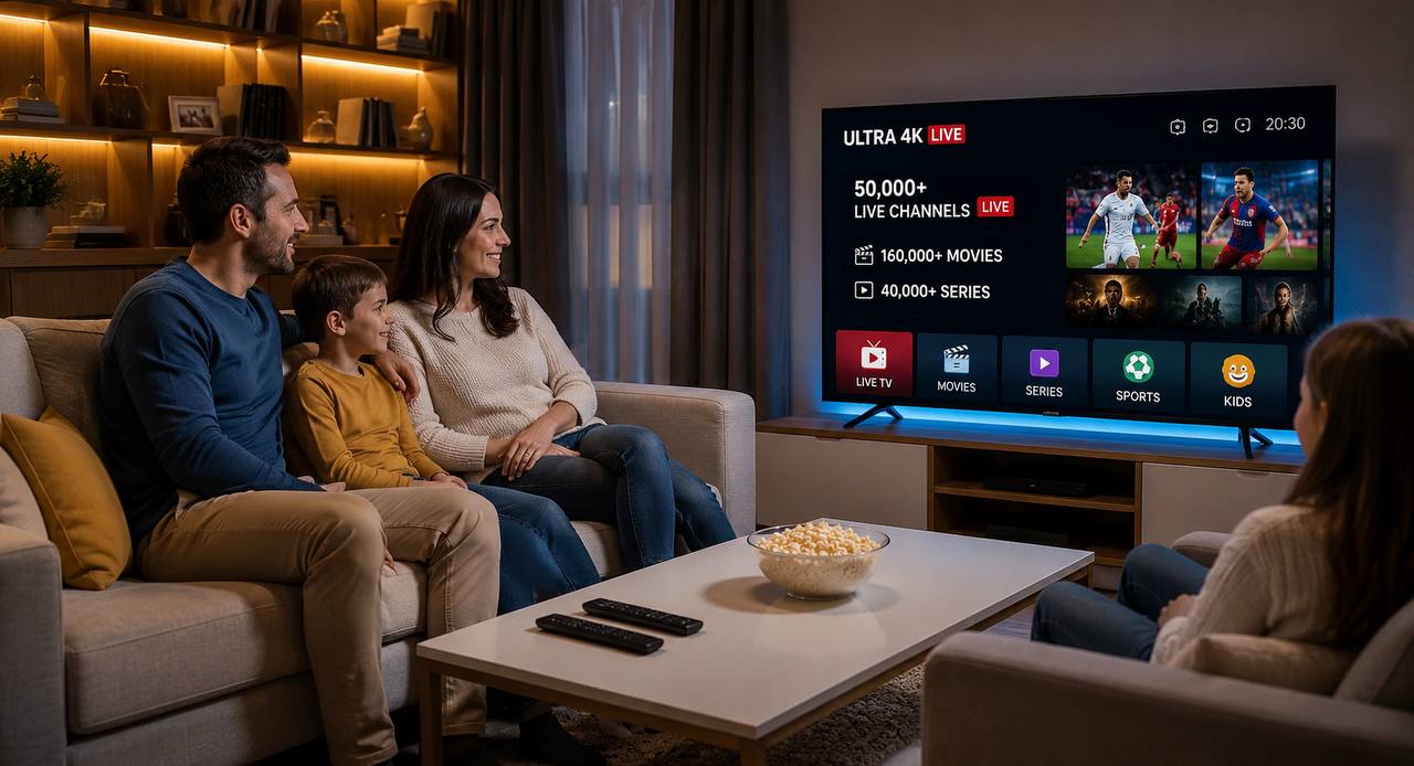 Modern family watching live TV, sports, movies, and streaming entertainment on a smart TV at home