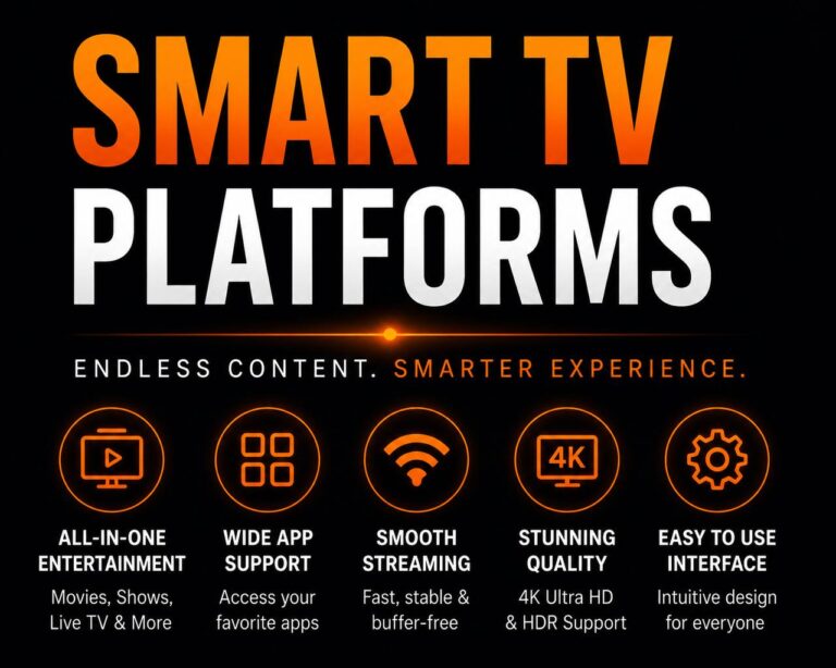 Smart TV platforms infographic showing how to optimize firestick with iptv for smooth streaming and 4K quality.