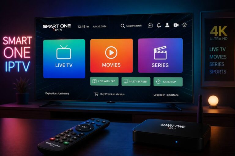 High-quality smart IPTV interface displayed on a modern 4K television in a luxury living room, featuring live TV, movies, series, streaming dashboard, remote control, and advanced home entertainment technology.