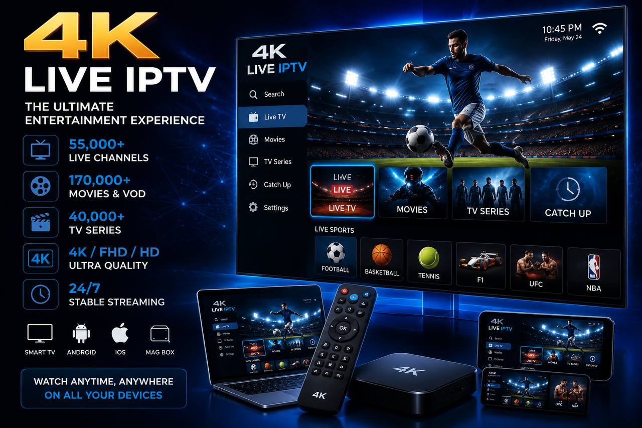 4K Live IPTV interface on a smart TV featuring live channels, movies, TV series, sports streaming, and ultra HD entertainment across multiple devices.