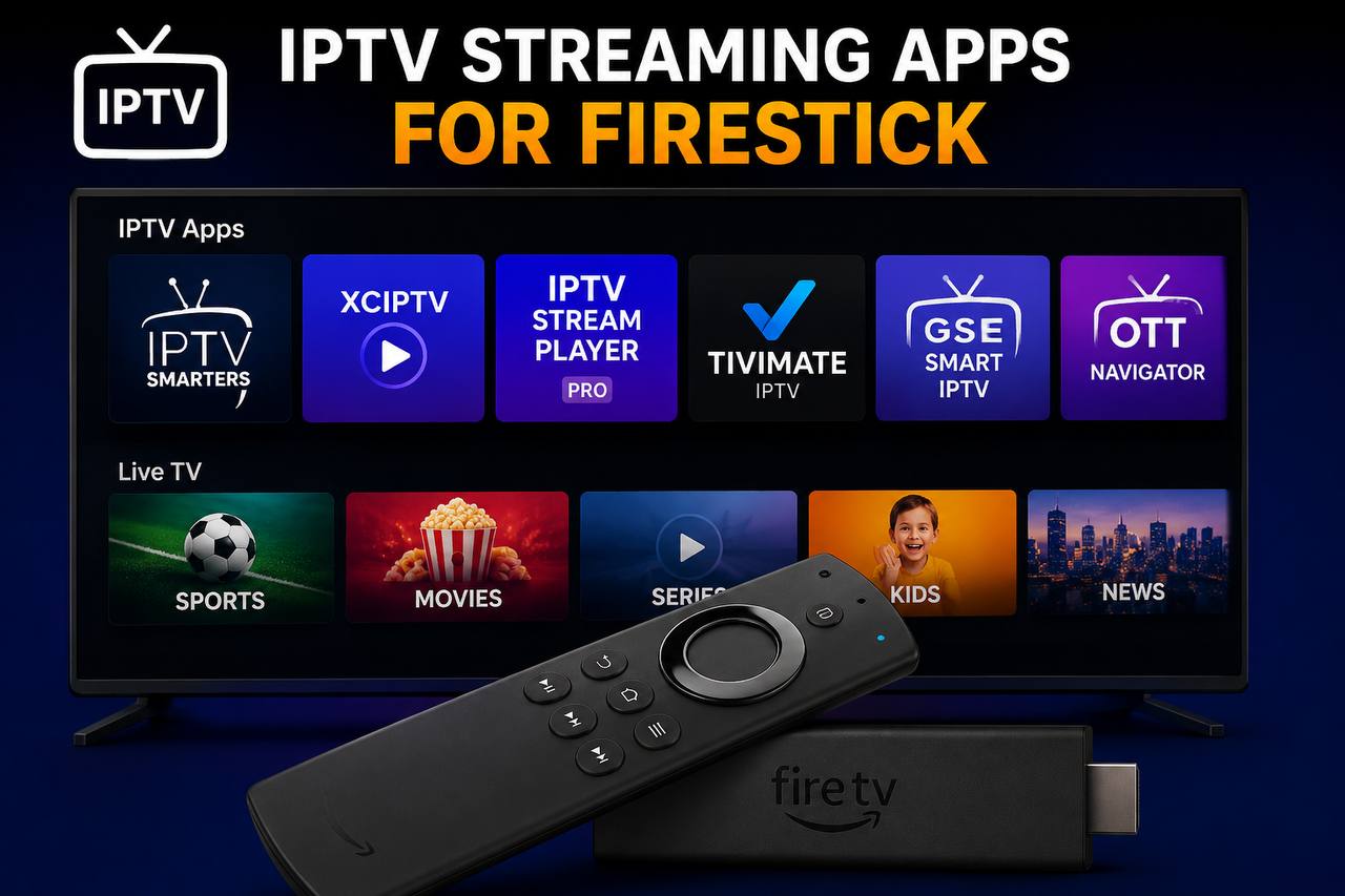 Best IPTV streaming apps for Firestick displayed on a modern smart TV with live channels, sports, movies, TV series, and an easy-to-use streaming interface.
