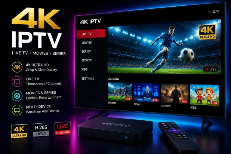 Premium 4K IPTV streaming on Smart TV featuring Ultra HD live TV channels, movies, sports, TV series, and a modern streaming device for high-quality entertainment.