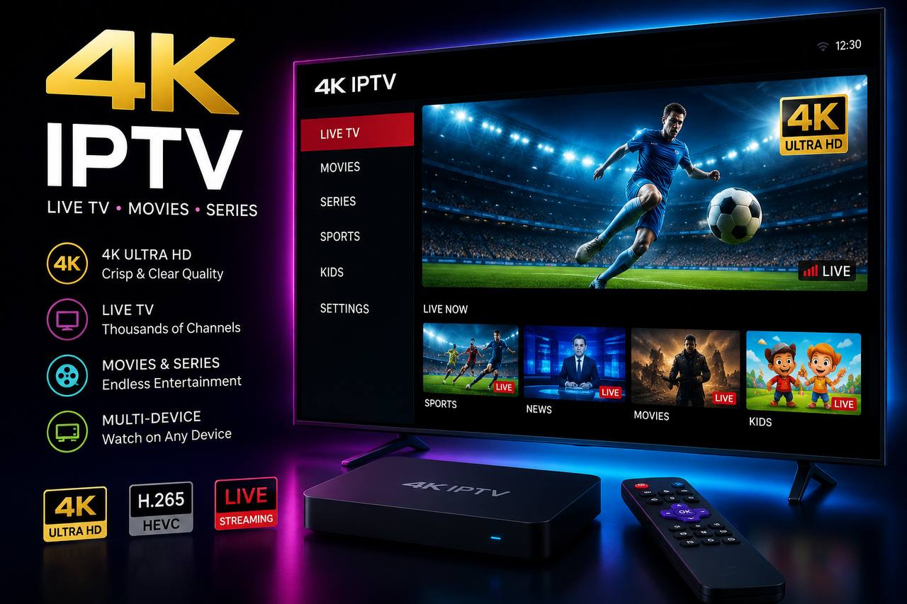 Premium 4K IPTV streaming on Smart TV featuring Ultra HD live TV channels, movies, sports, TV series, and a modern streaming device for high-quality entertainment.
