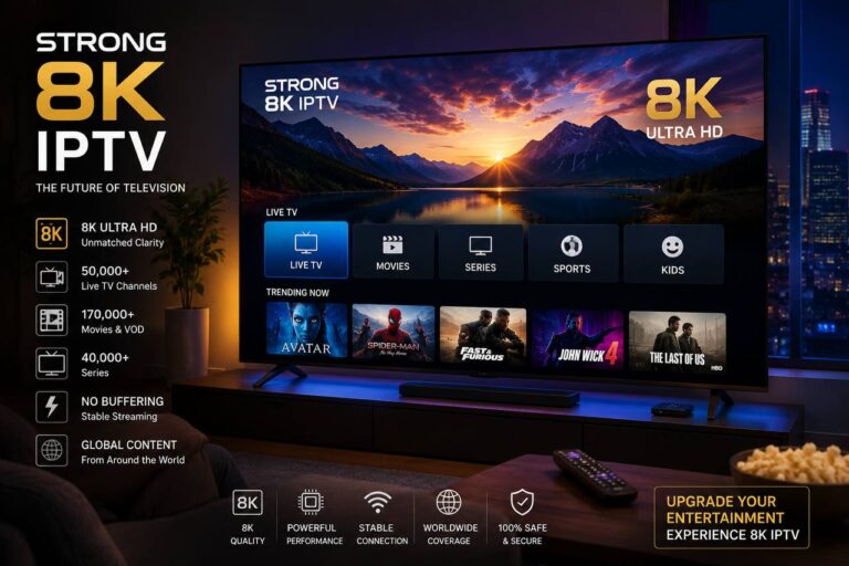 Strong 8K IPTV on a modern Smart TV featuring ultra HD streaming, live TV, movies, sports, series, and premium home entertainment in stunning 8K quality.