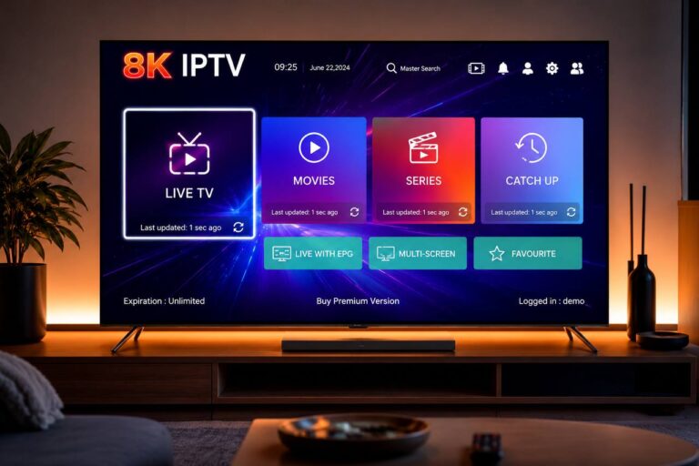 8K IPTV on Smart TV featuring ultra HD live TV, movies, series, premium streaming service, high-speed entertainment, and crystal-clear 8K picture quality.