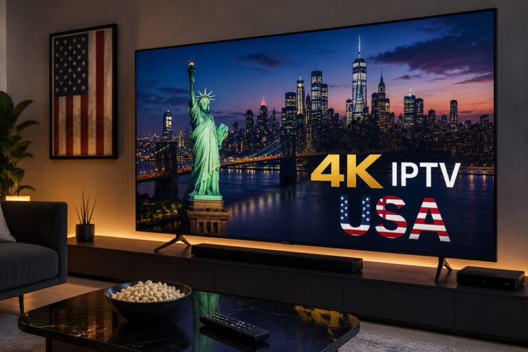 4K IPTV USA displayed on a modern Smart TV in a luxury home theater with Ultra HD streaming, premium entertainment, and cinematic viewing experience.