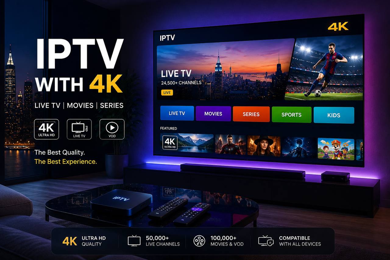 Best IPTV with 4K Ultra HD streaming on Smart TV offering live TV, movies, sports, and premium home entertainment with crystal-clear picture quality.