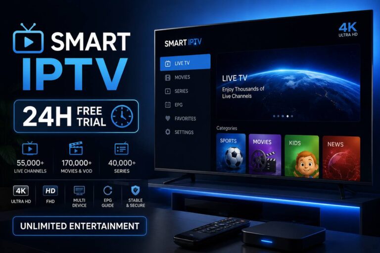 Smart IPTV Free Trial on a 4K Smart TV with premium streaming interface, live TV channels, movies, series, HD and 4K entertainment, stable IPTV service for Smart TVs.