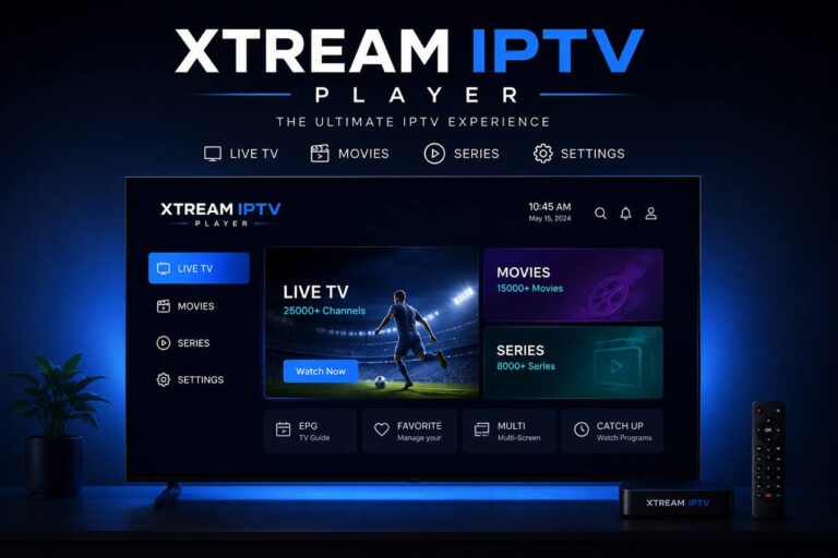 Xtream IPTV Player 4K streaming app on Smart TV with live TV, movies, and series.