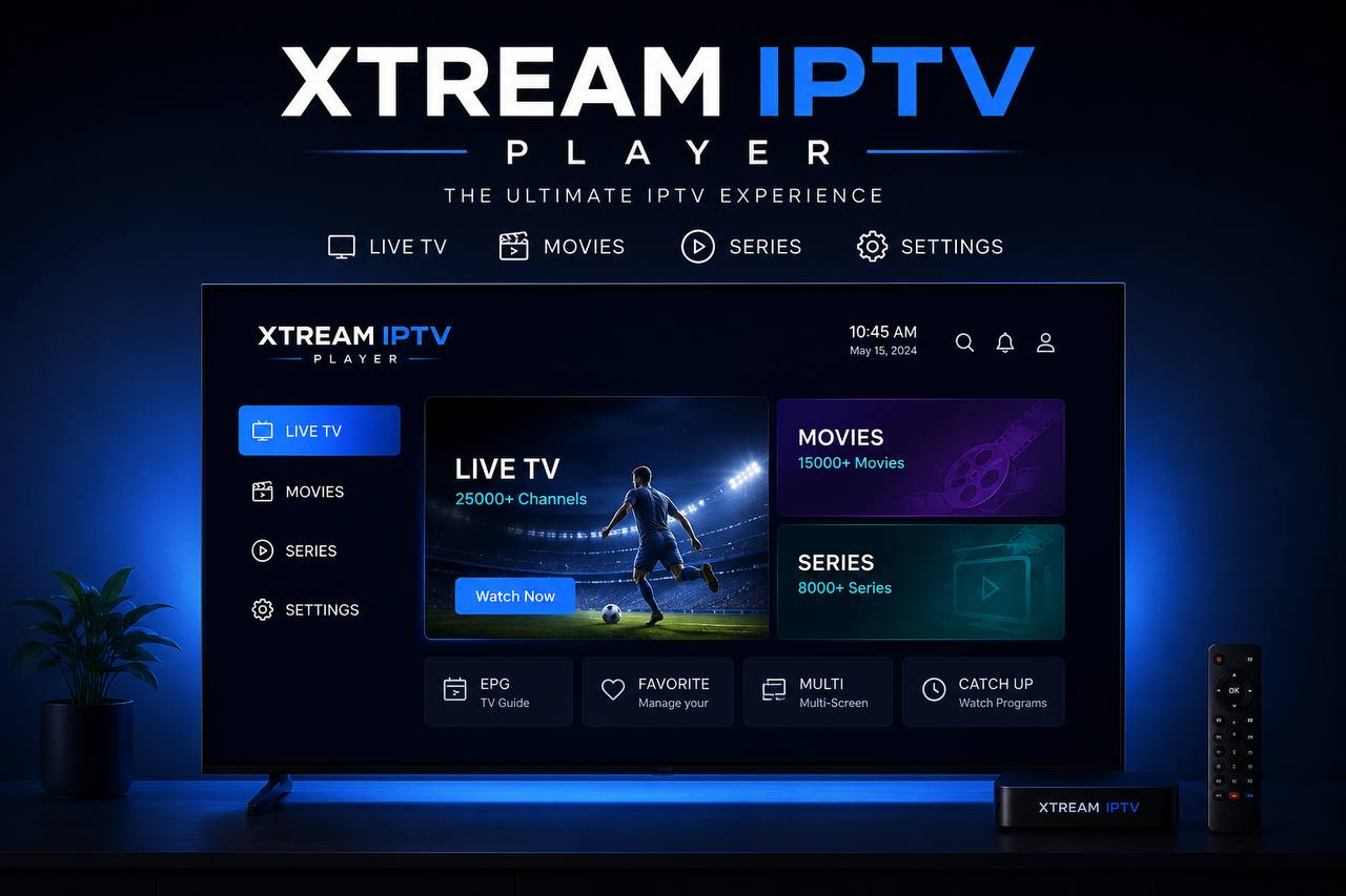 Xtream IPTV Player 4K streaming app on Smart TV with live TV, movies, and series.