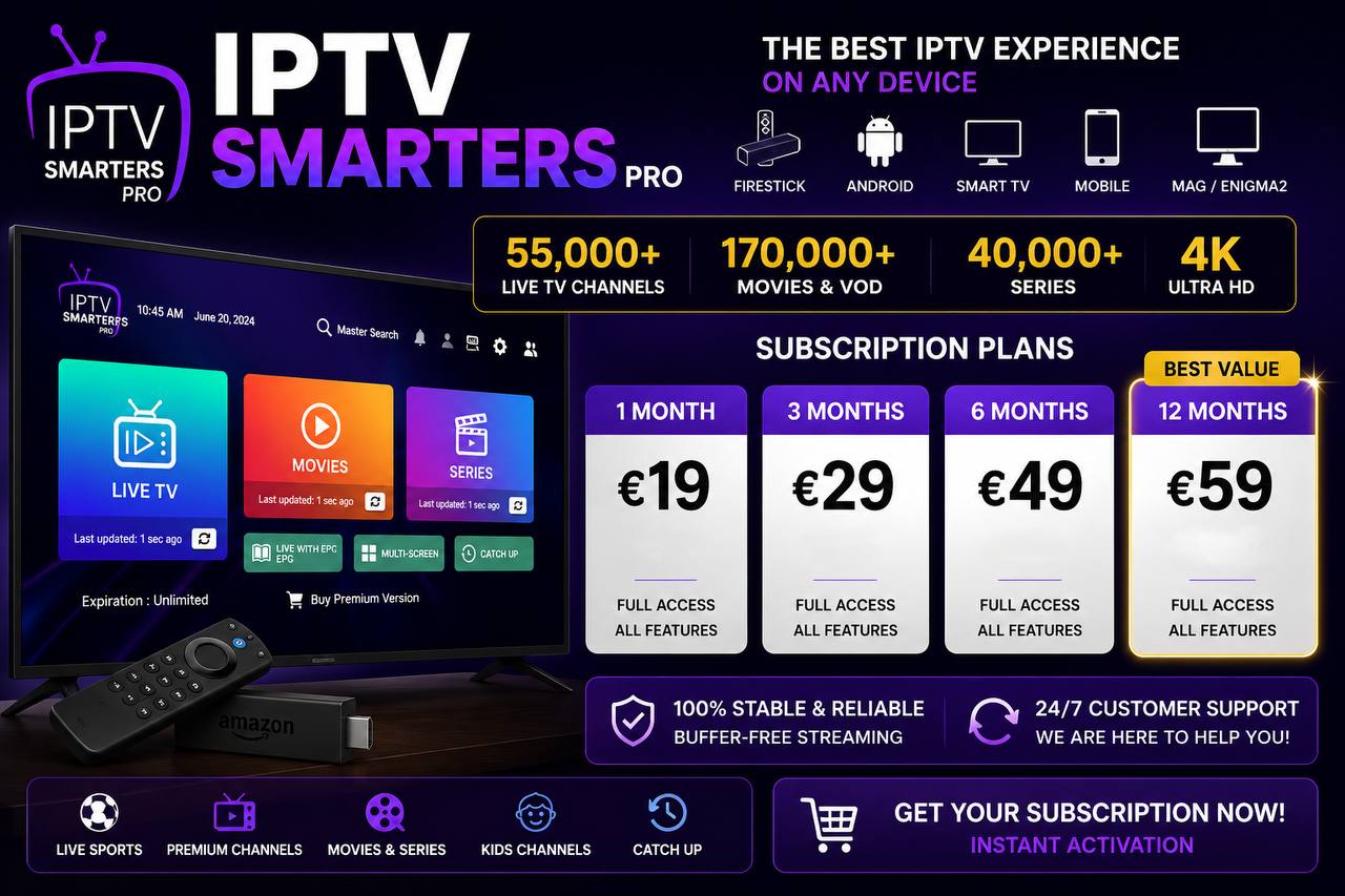 IPTV Smarters Pro subscription price with affordable monthly and yearly plans for Firestick, Android, Smart TV, and 4K streaming.