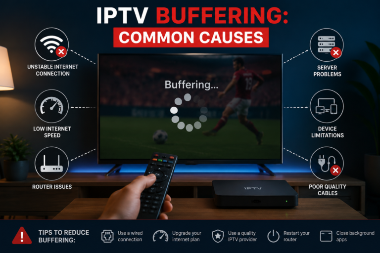 IPTV buffering common causes including slow internet, WiFi connection, router issues, server problems and device limitations.