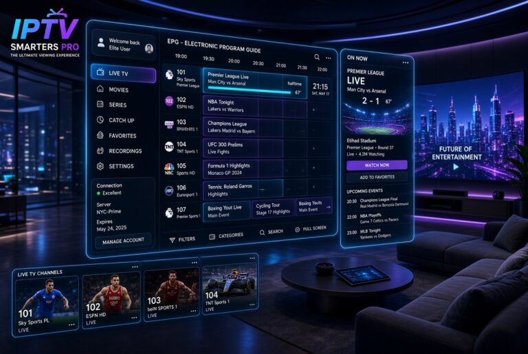 IPTV Smarters Pro EPG interface showing live sports channels and electronic program guide in a futuristic smart home setup.