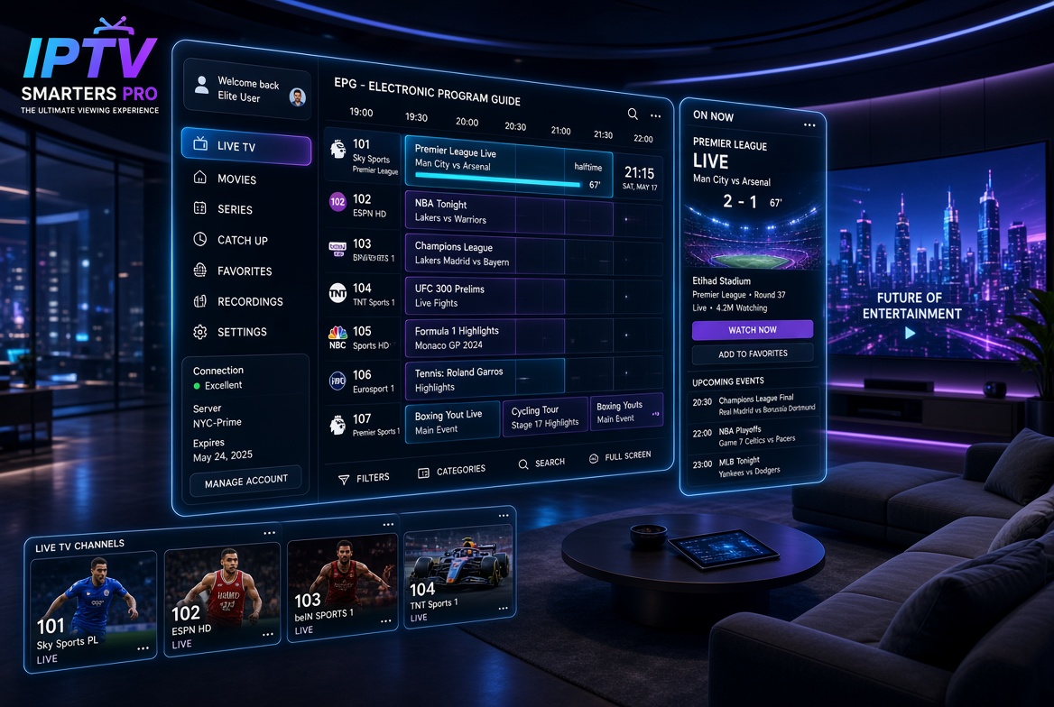 IPTV Smarters Pro EPG interface showing live sports channels and electronic program guide in a futuristic smart home setup.