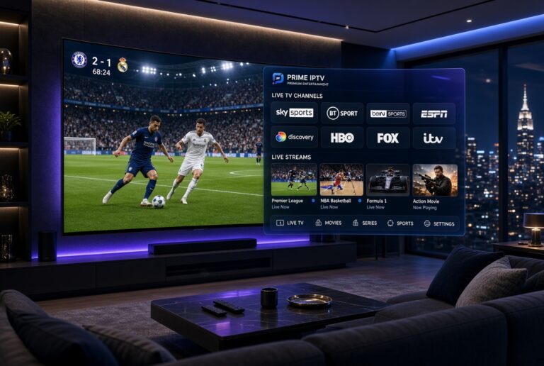 IPTV service live sports streaming on big screen TV with channel guide showing Sky Sports, beIN Sports, HBO and Premier League match in modern living room.
