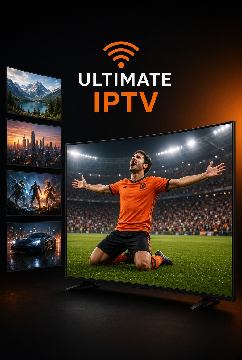 Ultimate IPTV - Watch live football and sports in 4K on a curved Smart TV with a celebrating soccer player in orange jersey kneeling in a packed stadium.