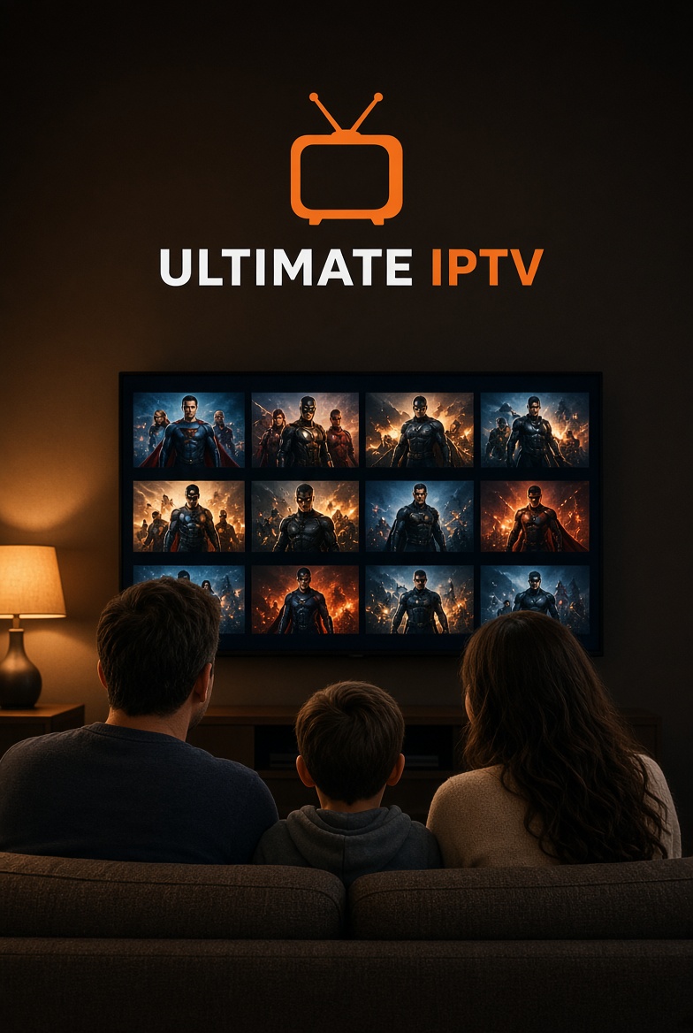 Ultimate IPTV - Family enjoying movies and series on a big Smart TV with a grid of top entertainment channels and VOD content.
