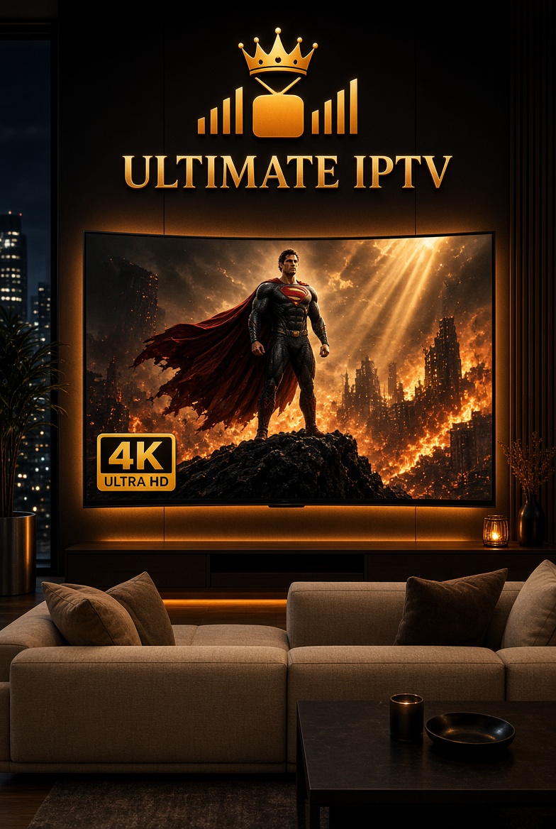 Ultimate IPTV - Premium 4K Ultra HD entertainment with Superman on a large curved TV in a modern living room for the best viewing experience.