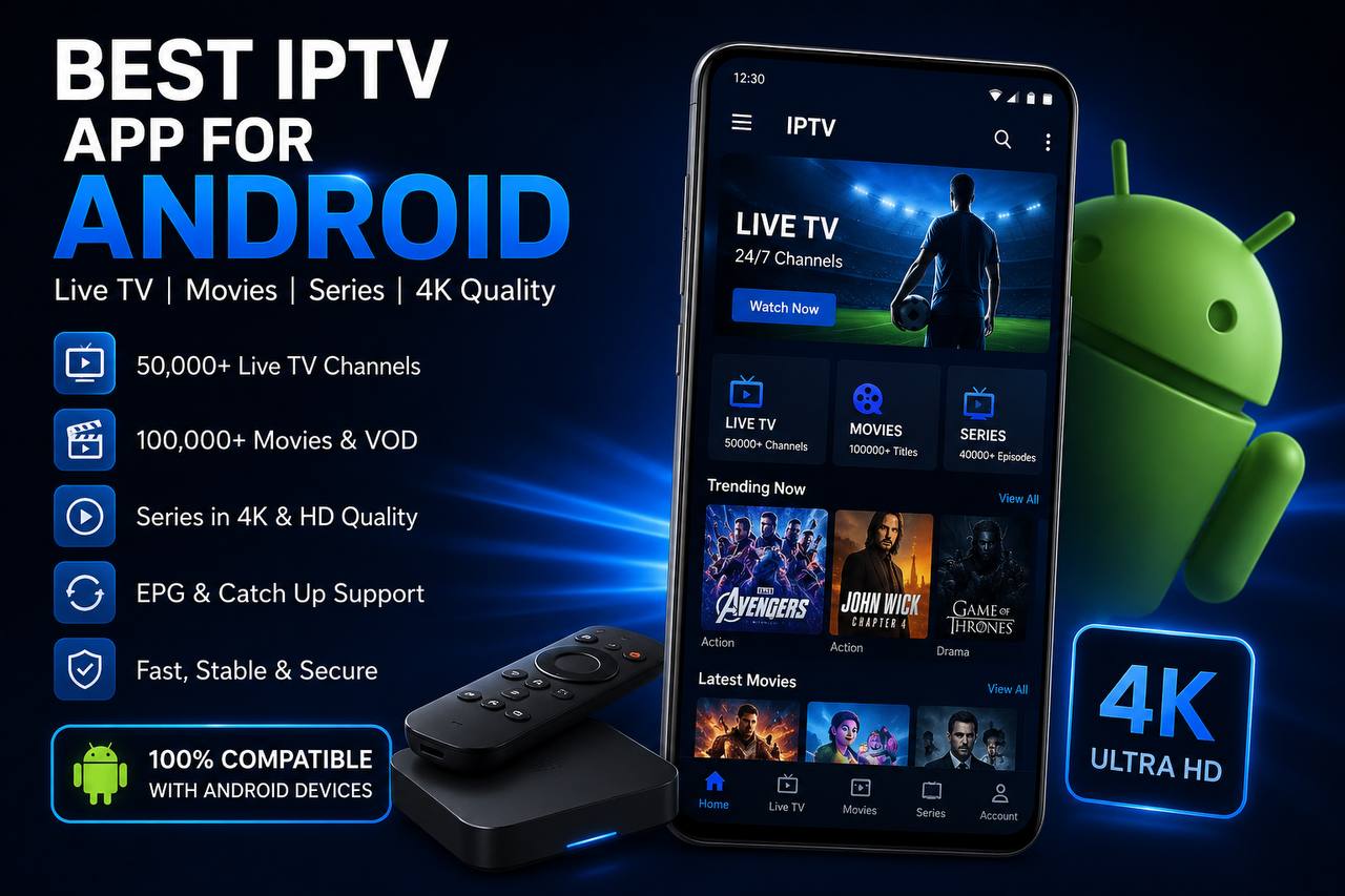 Best IPTV app for Android offering 4K live TV, premium channels, movies, TV shows, sports streaming, and seamless entertainment on Android phones and Android TV.