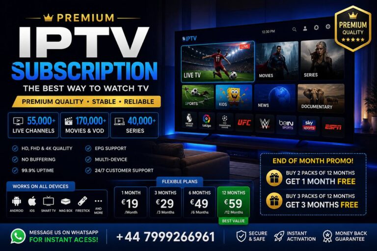 Premium IPTV subscription with 55,000+ live TV channels, 170,000+ movies & VOD, 40,000+ series, 4K UHD streaming, multi-device support, instant activation, and stable HD entertainment.