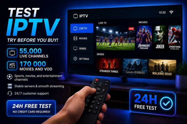 Test IPTV free trial with 55,000+ live TV channels, 170,000+ movies and VOD, premium 4K IPTV streaming, sports, entertainment, stable servers, and 24/7 customer support.