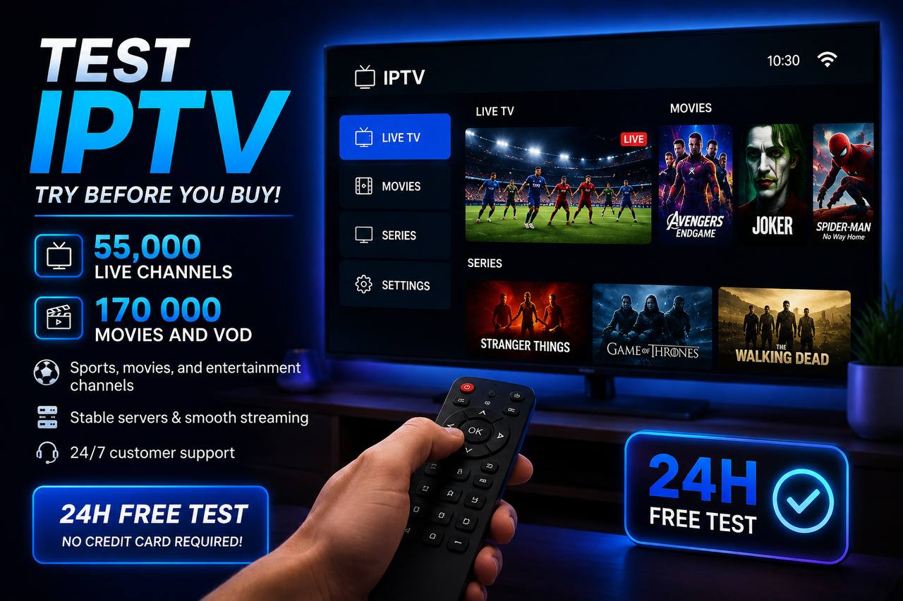 Test IPTV free trial with 55,000+ live TV channels, 170,000+ movies and VOD, premium 4K IPTV streaming, sports, entertainment, stable servers, and 24/7 customer support.