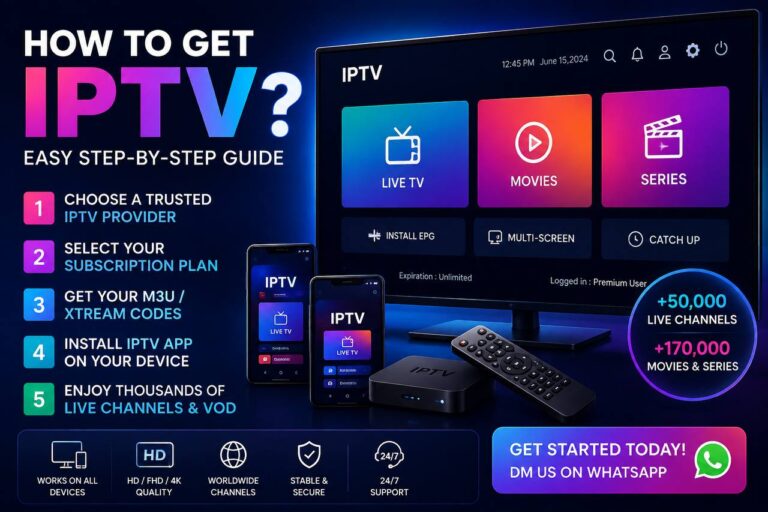 How to Get IPTV step-by-step guide showing IPTV setup on Smart TV, Firestick, Android TV, and mobile devices with live TV channels, movies, series, M3U playlist, Xtream Codes, and premium IPTV subscription.