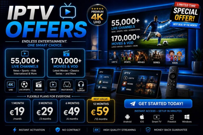 Premium IPTV offers with 55,000+ live TV channels, 170,000+ movies & VOD, 4K UHD streaming, instant activation, and multi-device support for Smart TV, Firestick, Android, iPhone, Windows, and tablets.