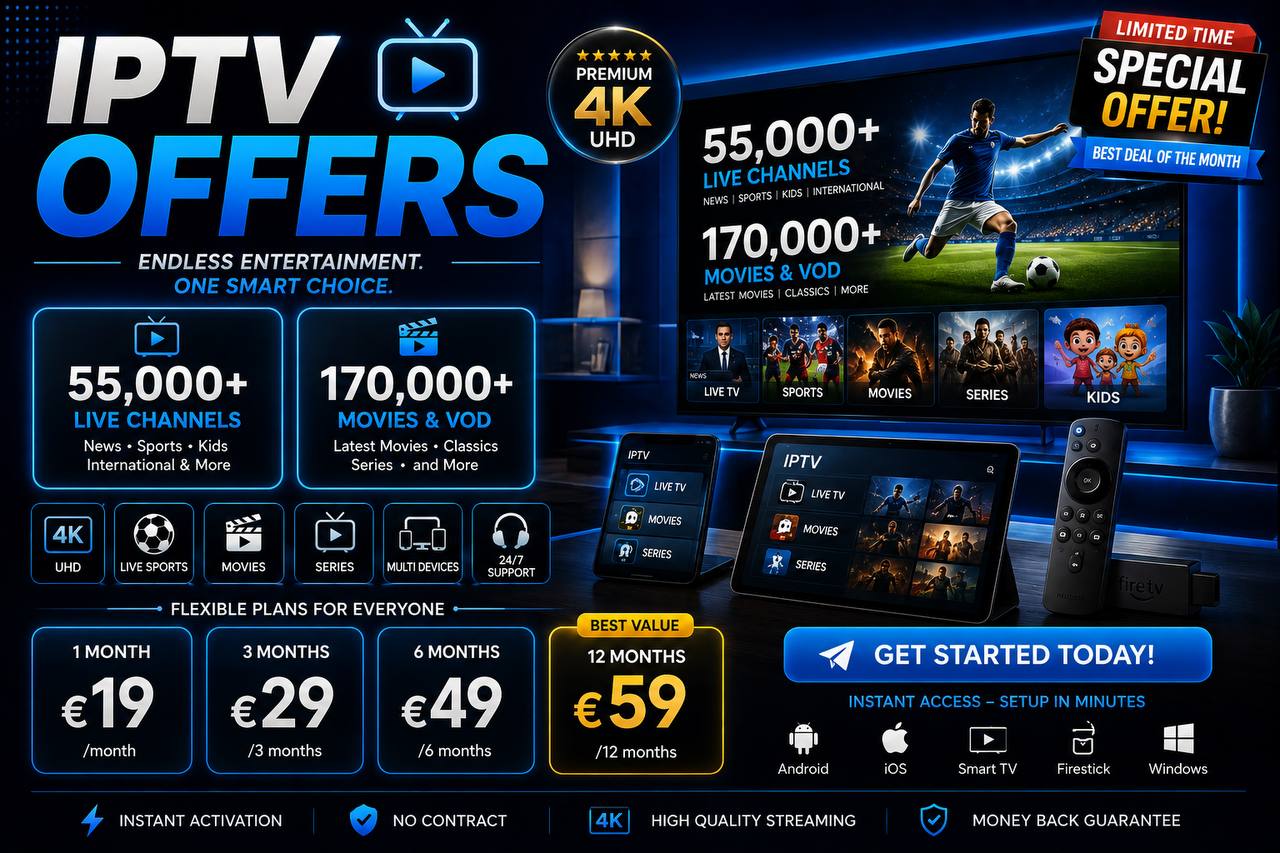 Premium IPTV offers with 55,000+ live TV channels, 170,000+ movies & VOD, 4K UHD streaming, instant activation, and multi-device support for Smart TV, Firestick, Android, iPhone, Windows, and tablets.