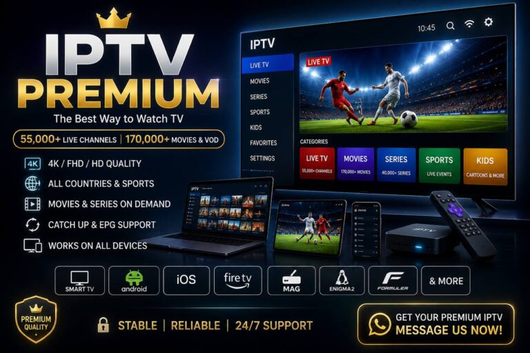 Premium IPTV subscription with 55,000+ live channels, 170,000+ movies and VOD, 4K streaming on Smart TV, Android, iOS and Fire TV.