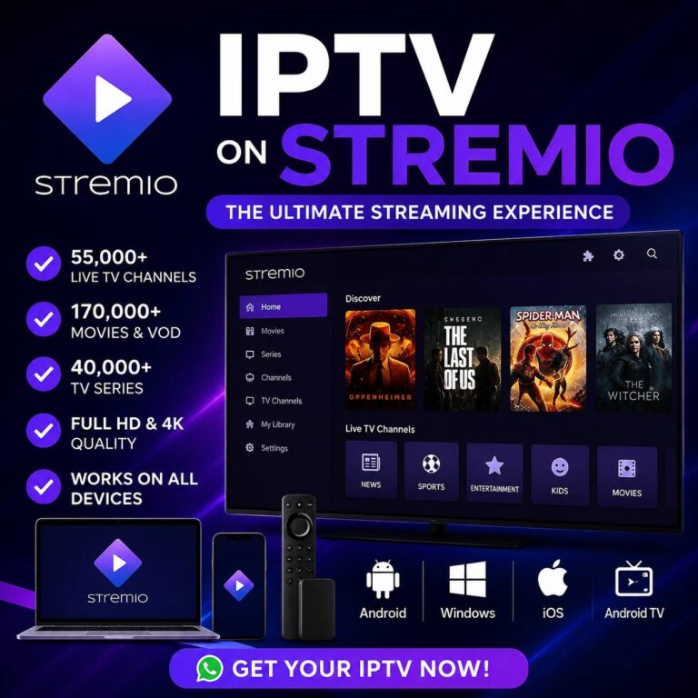 IPTV on Stremio with 55,000+ live TV channels, 170,000+ movies and VOD, and 40,000+ TV series in Full HD and 4K.