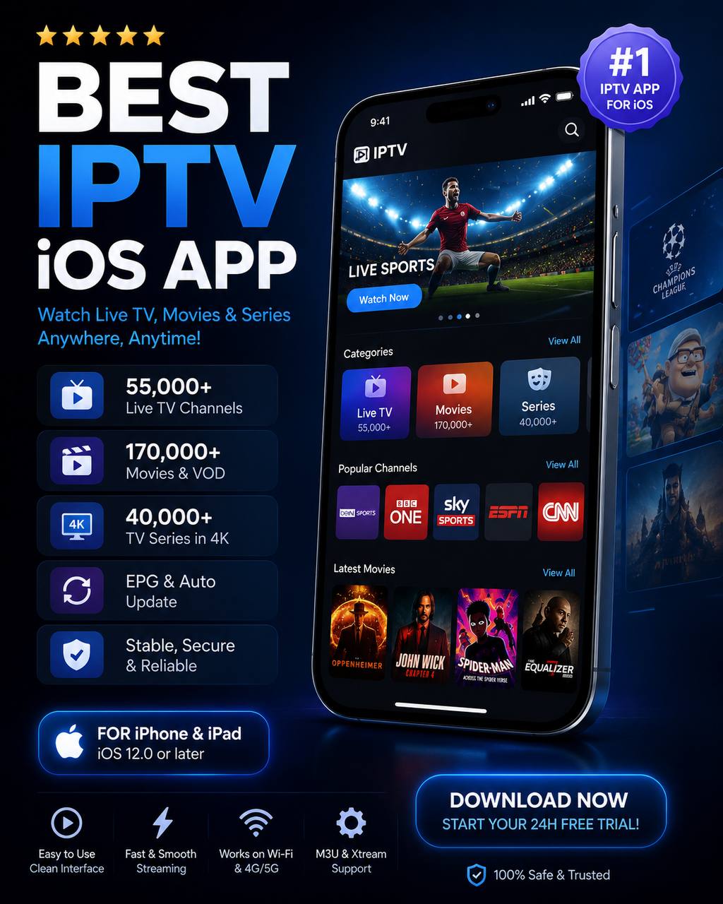 Best IPTV iOS app for iPhone and iPad with live TV channels, movies, series, 4K streaming and smooth IPTV playback.