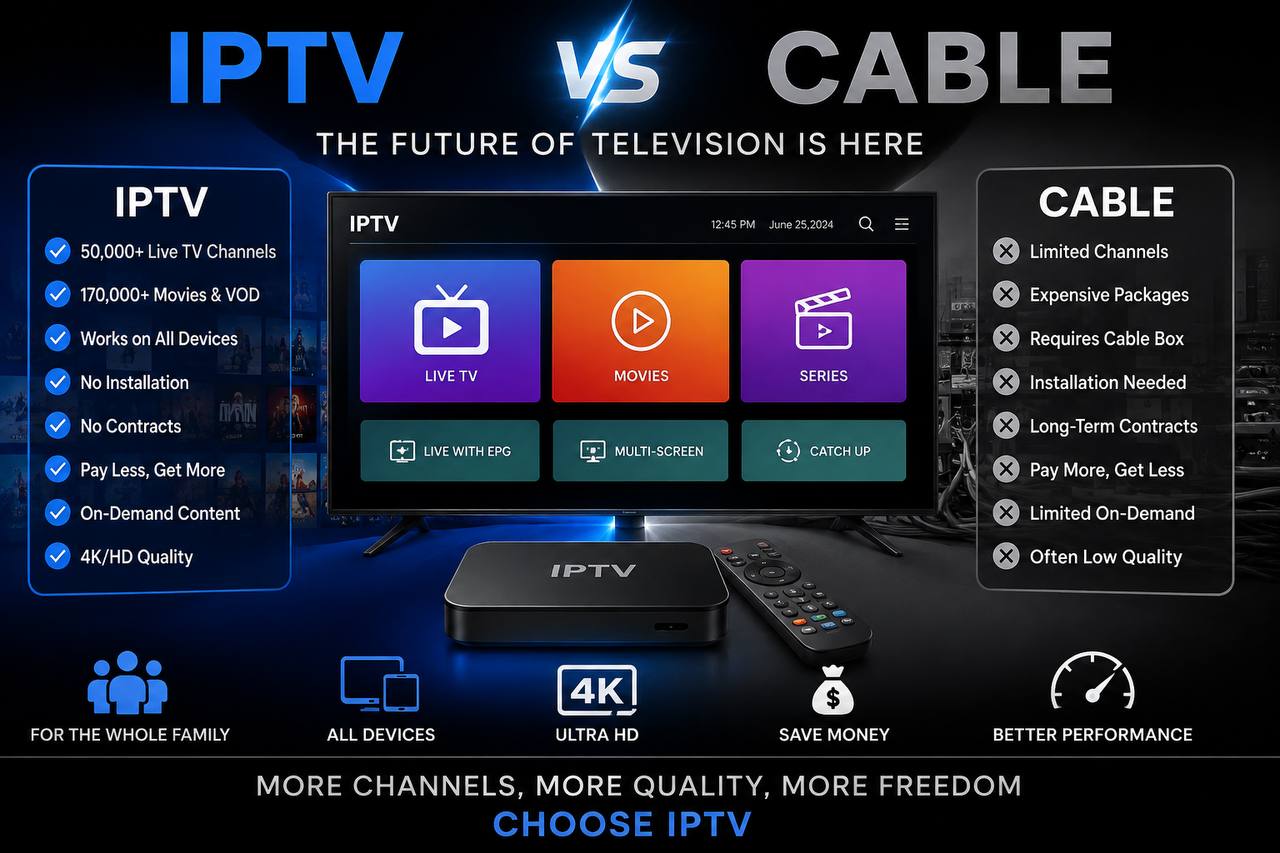 IPTV vs Cable comparison showing channel variety, 4K streaming quality, device compatibility, and cost savings.