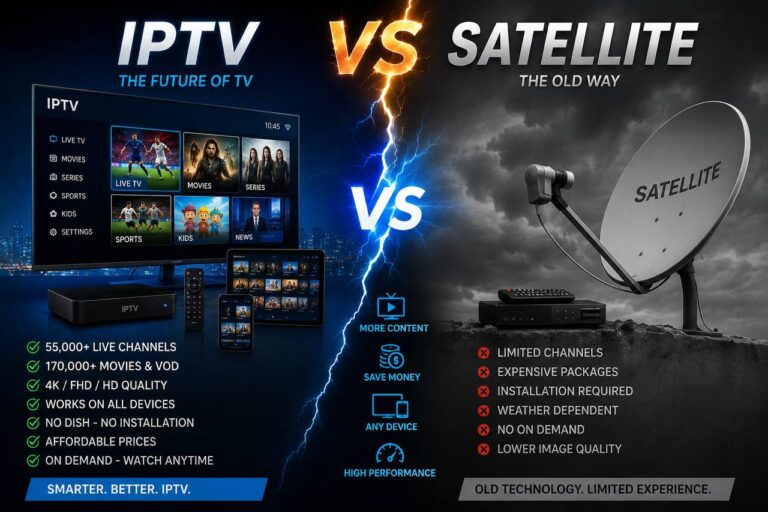 IPTV vs Satellite TV comparison showing IPTV advantages including 4K streaming, live TV channels, movies, VOD, multi-device access, and no satellite dish installation.