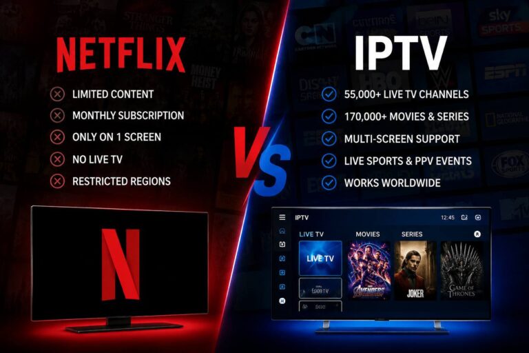 Netflix vs IPTV comparison – best IPTV service with live TV channels, movies, series, sports and streaming options.