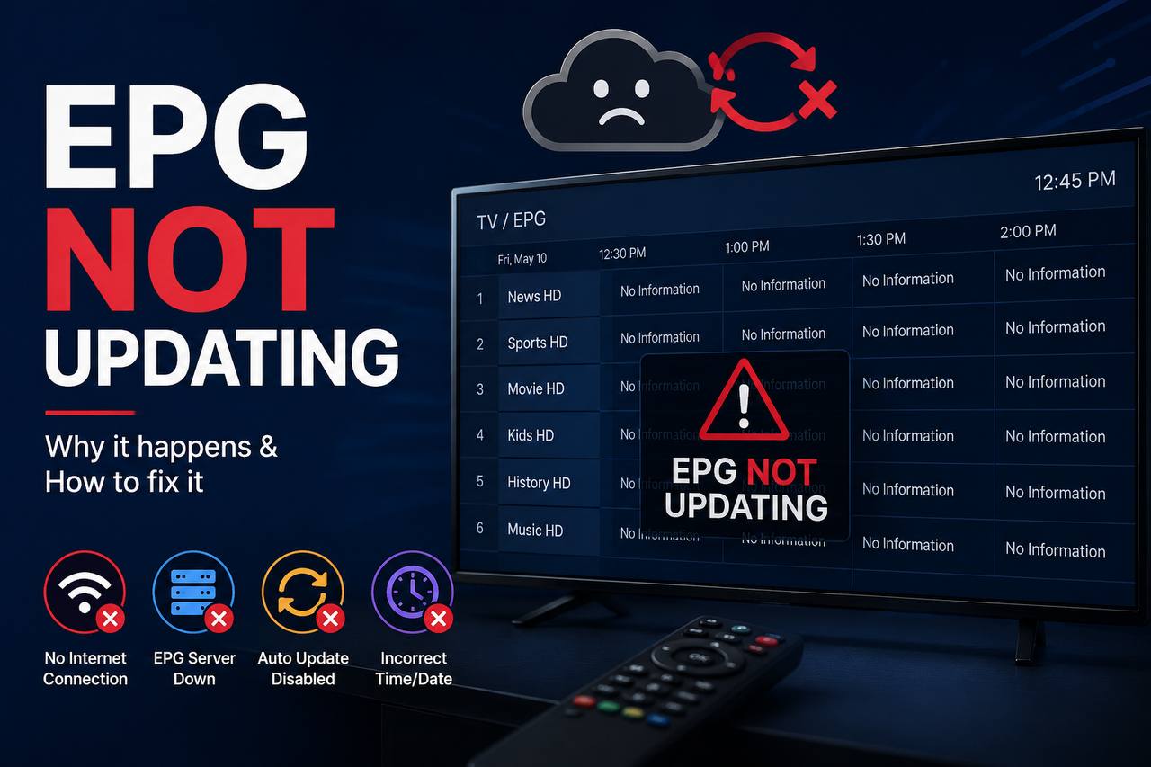 IPTV EPG not updating showing no information on TV guide and common EPG update problems.