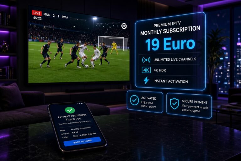 IPTV monthly subscription 19 Euro with live sports on 4K TV, unlimited channels, instant activation and successful payment confirmation on smartphone.