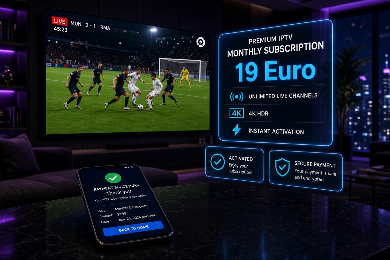 IPTV monthly subscription 19 Euro with live sports on 4K TV, unlimited channels, instant activation and successful payment confirmation on smartphone.